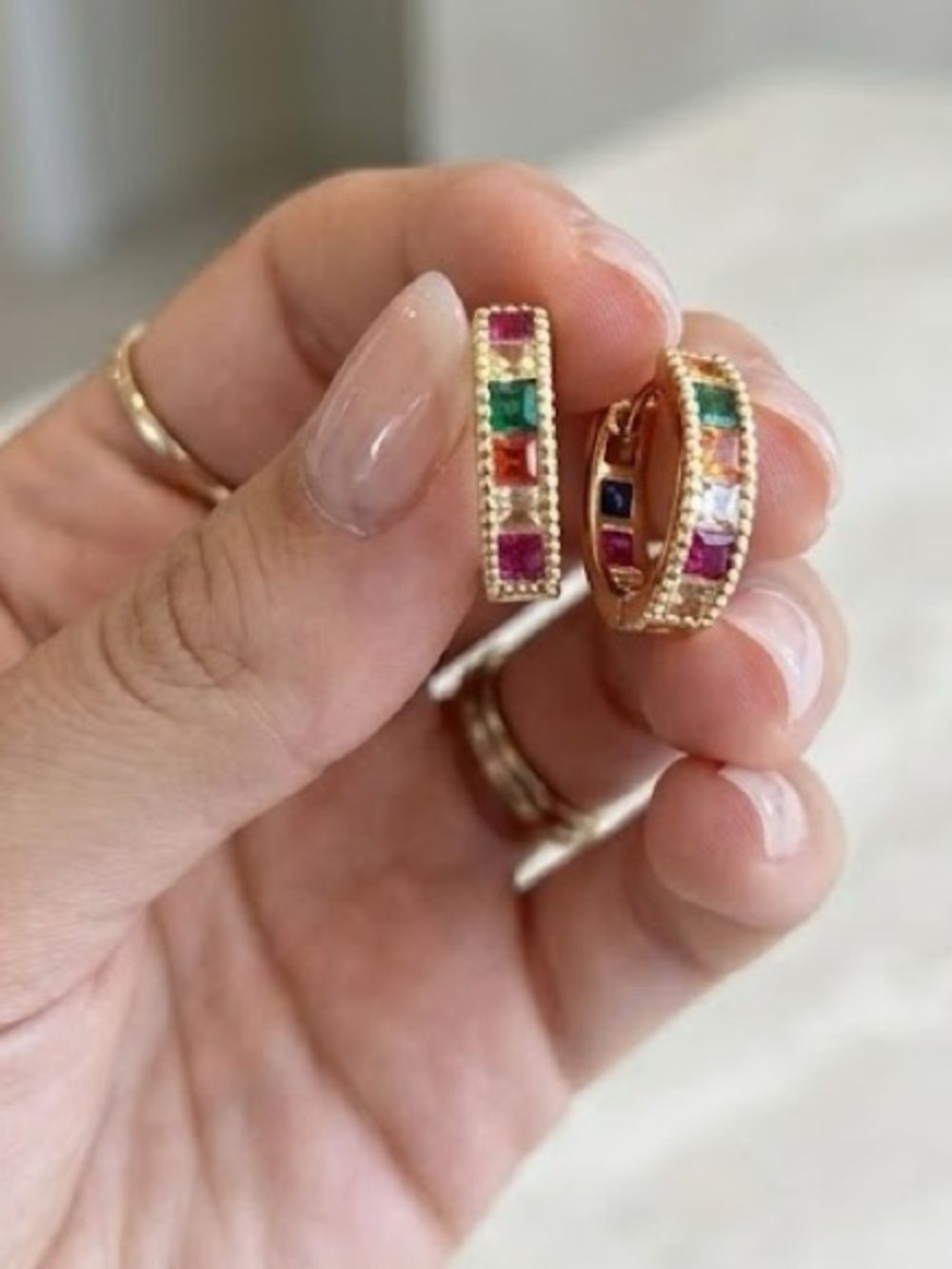 New 14k Gold Gilled Gold Multicolor Stone Huggie Earrings - Women Jewelry